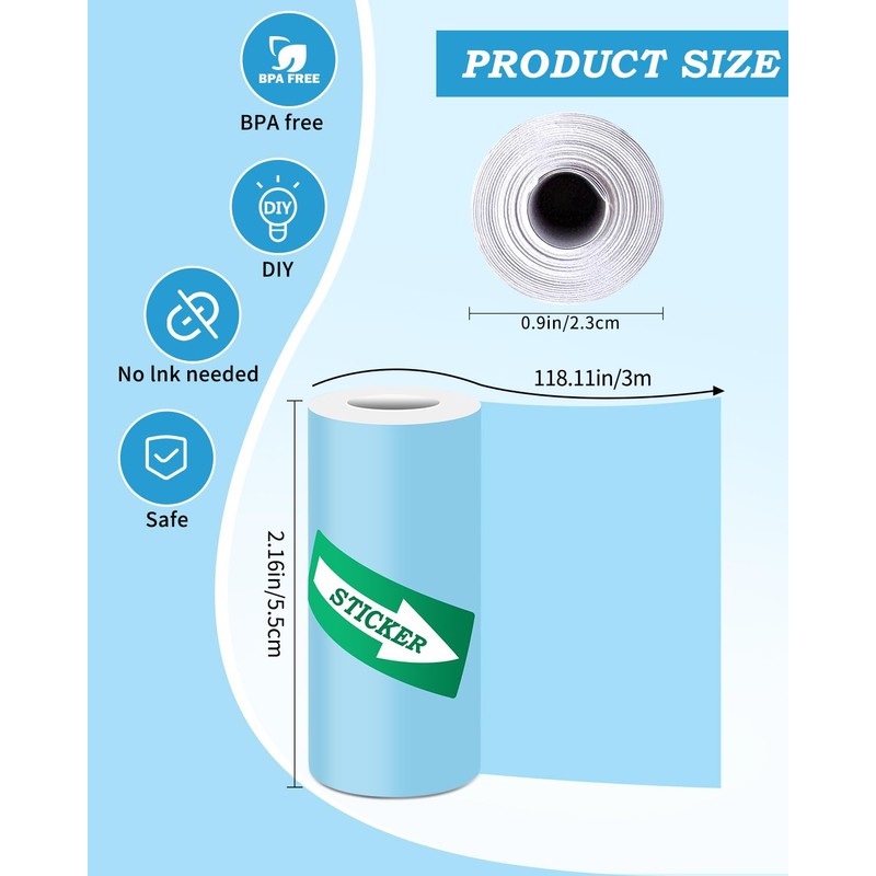 3 Colors Mini Printer Sticker Paper, 9 Rolls