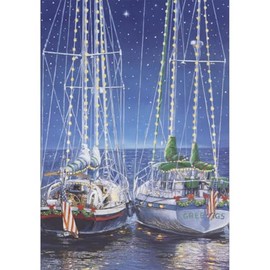 Designer Greetings Two Sailboats Decorated with Lights, Garland, Bows and American Flags Under Starry Sky Nautical Christmas/Holiday Card