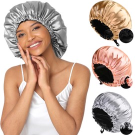 Gorro de Seda para Dormir 3 Piezas, Gorro Dormir Seda Ajustable, Reutilizable y Cómodo, Gorro de Satin para Dormir Cabello Rizado, Largo y Grueso, Ideal para Dormir, Ducha y Belleza