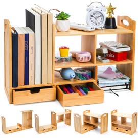 Eorbow Eorbow Bamboo Desktop Bookshelf, Expandable Counter Bookcase, Storage Shelves Rack Organizer with Anti-Slip Pads, Cute Small Desk Display Cubby Top for Office Supplies, No Assembly Needed