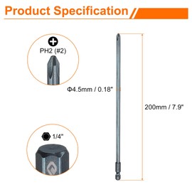 sourcing map #2 Phillips Screwdriver Bit PH2 1/4" Hex Shank 8" (200mm) Long 0.18" Rod Magnetic Cross Head Drill Bits S2 Steel Industrial Screw Driver Bit for Electric Power Tools, Blue