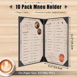 FLKQC Restaurant Menu Covers Holders 8.5" X 11" | Pack of 10 Synthetic Leather Double View Menu Holder Covers Book Style with Angled Corners Black for Wine List (10, 2 View (8.5" x 11"))