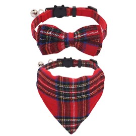 WDPAWS Cat Collars Breakaway with Bow Tie and Bandana, 2 Pack Red Blue Plaid Holidays Kitten Collar with Bell, Removable Bowtie Bandana Cat Collar for Cats Kittens (S, Red Plaid)