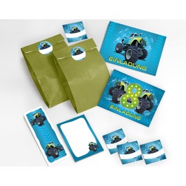 JuNa-Experts Pack of 16 Invitations 8 Children's Birthday Eighth Birthday Boy Monster Truck Incl. 16 envelopes, 16 gift bags, 16 stickers, 16 bookmarks, 16 blocks, party bags, Modern