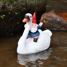 Juliahestia Gnome Riding Goose Pond Decor Floating Pool Decorations Accessories for Outdoor Ponds Backyard Lake Resin Fishing Figurine Patio Outside Gifts