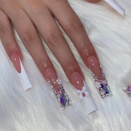 Buy 10 Get 10 Free! [Machine-Made] 24pcs Press-On Nails with Rhinestones & Flowers – French Style Glue-On Nails for Women & Girls Full Cover Shiny Glitter Long Lasting Quality:_M-CF-WH-002