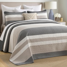 DDUOXIN Oversized King Bedspread - 120 W x120 L Extra Wide - Yarn Dyed 100% Cotton Stripe California Quilt with 2 Pillowcase, Reversible Soft Oversize Bedspreads Coverlet Bedding Set, Gray