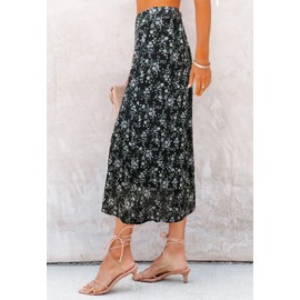 HERBATOMIA Spring Midi Ditsy Floral Print Skirt Zipper High Elastic Waist Casual Trendy Long Skirts for Women