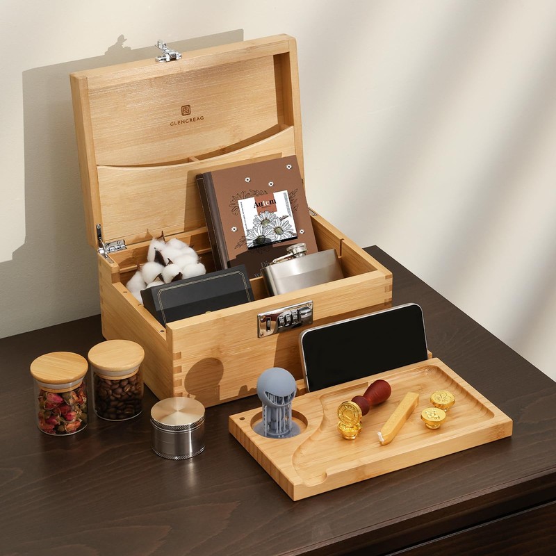 GLENCREAG Stash Box with Rolling Tray, Smell Proof Large Bamboo