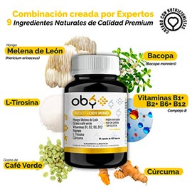 OBY Melena de Leon, Curcuma, L Tirosina, Bacopa, Cafeina y Vitaminas | Nootroby Mind suplemento alimenticio natural 60 capsulas de 600 mg