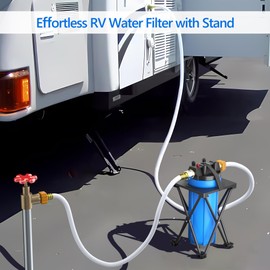 4-Layer RV Water Filter with Stand and 7,000 Gallons Capacity, 3/4" GHT Metal Threads Inline Water Filter, Removes Sediments, Chlorine, VOCs, Heavy Metals, Bad Taste, Odor, and More