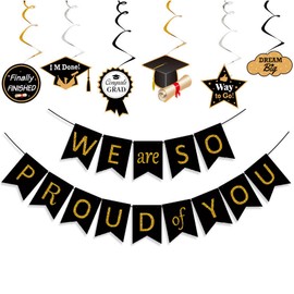Graduation Decorations Congratulations Banner 2025 - We Are So Proud of You Party Supplies- Gold, Silver & Black banner, Spiral Streamers Bunting Decoration for High School/College Party Decor