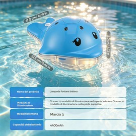 Fontana a forma di balena per piscina galleggiante con telecomando, 3 modalità di spruzzo e 12+12 luci LED, fontana d'acqua per piscina ricaricabile, decorazione ideale per feste notturne, giardino