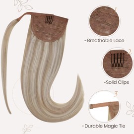 Hetto Human Hair Ponytail Blonde Hair Extension Ponytail Ash Blonde with Bleach Blonde Ponytail Extensions Human Hair Pony Tails Extensions Real Human Hair 18/613Blonde 14inch 70g