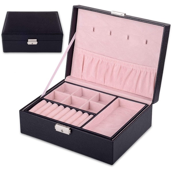 Kendal 2 Trays Black Leather Travel Jewelry Box Case Storage Organizer with Lock LJT004BK