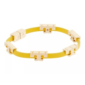 Tory Burch 18 KT Gold Plated Brass & Yellow Leather Stackable Bracelet Bangle
