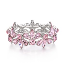 EleQueen Wedding Bridal Jewelry Bracelet for WOmen, Silver Plated ClearTeardrop Marquise-cut Rhinestone Crystal Stretch Bangle Pink Silver-Tone