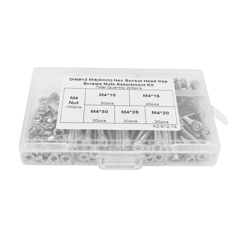 200Pcs Hex Socket Head Cap Screws Nuts Assortment Kit M4