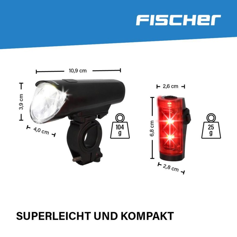 FISCHER Set di luci a LED per bicicletta Small-box, resistente