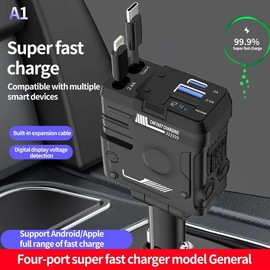 W&O Aromatic Starlight In Car Roof Retractable Car Charger with Lightning Cable, Dual Charge Port (3*Bottles), Fast Charging Adapter - Automotive:_BLACK MECH-STYLE CAR CHARGR (ios+type-c)