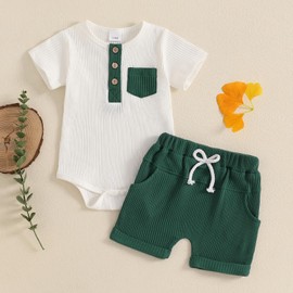 Geagodelia Infant Baby Boy Girl Summer Outfits Short Sleeve Contrast Color Romper Jumpsuit Bodysuit and Solid Color Shorts Sets 2Pcs Tracksuit Clothes for Baby Boy (Green, 6-12 Months)