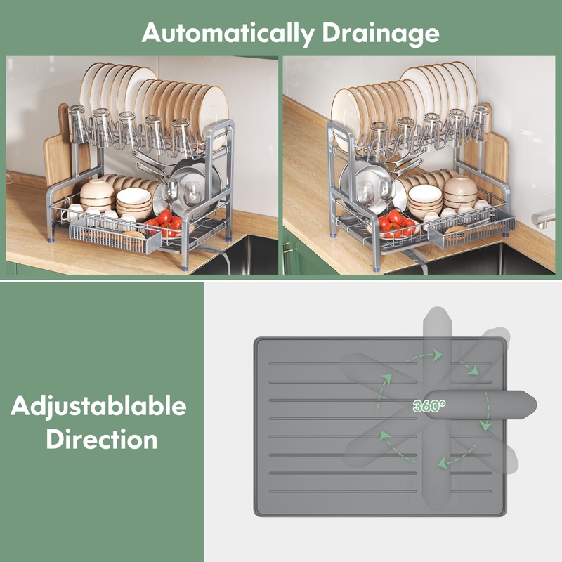 BOOSINY 2 Tier Dish Drying Rack and Drainboard Set, Large