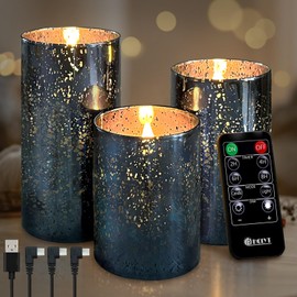 LEDHOLYT Rechargeable Flameless Candle, Flickering LED Pillar Glass Fake Candle with Remote and Timer, Built-in Battery Real Wax Electronic Candle for Room Decoration, Set of 3