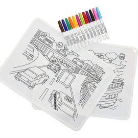 SunZio Silicone Suction Placemats for Kids Toddlers Baby | 2 BPA Free Non Slip Placemats Set | Educational Coloring Activity Mat | Markers Included | Easy to Clean (City Traffic/Pirate Ship)