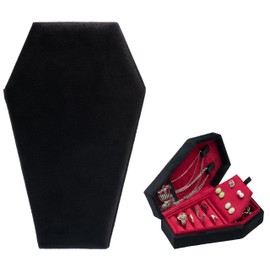 Giftop Velvet Coffin Jewelry Travel Case Holder for Gothic Wedding Ceremony,Gothic Jewelry Organizer Decoration (Black Red 4 Grid)