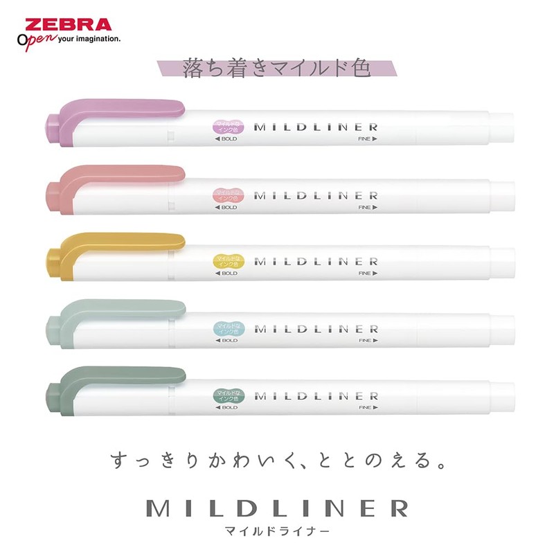 Zebra Highlighter, Mildliner, Settle Mild, Set of 5 Colors, WKT7-5C-OT