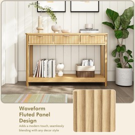 HOKYHOKY Fluted Console Table with Drawers, Modern 47.1" Entryway Table with Storage Shelf, Boho Narrow Skinny Behind Couch Wood Sofa Table for Living Room Hallway Entrance Foyer, Natural