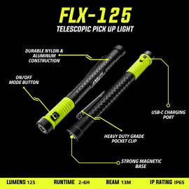 Unilite FLX-125 LED Telescopic Inspection Light, 125 Lumens, 17.7-52.2 cm Extending Handle, IP65 Rated