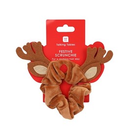 Talking Tables Christmas Brown Reindeer Scrunchie, Party Dress, Hair Accessories for Women, Elastic Thick Band, Hair Tie, Ponytail Holder, Present, Decorations, Gifts, Secret Santa