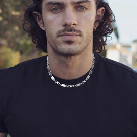 HZMAN Stainless Steel Necklace for Men Hip Hop Polished Silver Chain Long Flat Coffee Bean Chain Necklace Jewelry Gift (18in)