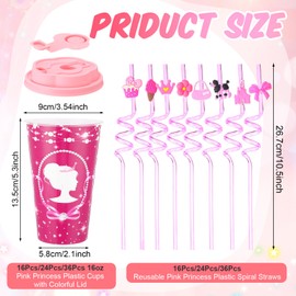 Yungyan 16 Sets Hot Pink Girl Party Favors Goodie Cups with Lids and Straws for Birthday Decorations Reusable 16oz Plastic Candy Cups Plastic Straws for Birthday Party (Pink Princess)
