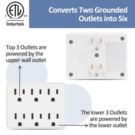 3 Prong Power Strip Outlet Extender, Multi Plug Outlet with 6 Electrical Outlets Adapter, Grounded Wall Outlet Tap, ETL Listed, 125V, 15A, Max 1875W, Quick and Easy Install, White