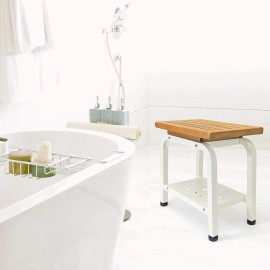 Anthology Spa Aman Shower Bench Teak & Aluminum Bath Stool Chair Side Table Light Beige