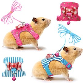 SATINIOR 2 Pieces Small Hamster Harness and Leash Set, Ferret Guinea Pig Clothes with Bowknot and Bell Decor, No Pulling Comfort Padded Vest Striped for Rats Bunny Rabbit Small Animals(S,Blue, Pink)