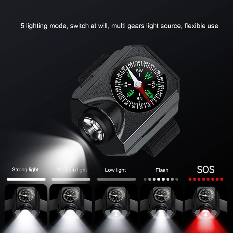Wrist Flashlight Waterproof Rechargeable 5 Modes Watch Flashlight with Compass