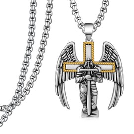 St. Michael Pendant for Men - 925 Sterling Silver Cross Archangel Necklace - Saint Michael the Archangel Jewelry - Catholic Gift for Him - 22+2" Chain