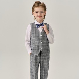 LOLANTA Boys Vest and Tie Set Casual Plaid Suits Vest, Pants, Shirts, Tie and Bow Tie (Gray Plaid, 8)