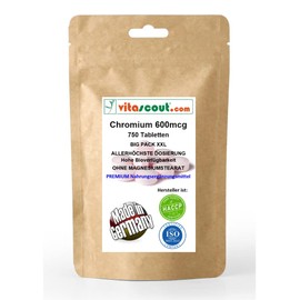 Chromium Picolinate 600 mcg Pro Tablet - 750 Tablets - Large Pack for Multiple People - Made in Germany - No Magnesium Stearate