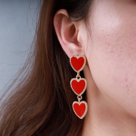 Yienate Red Heart Drop Earrings Unique Interlocking Heart Dangle Earrings Long Tassel Wedding Love Heart Drop Earrings Statement Prom Heart Dangle Studs Earrings Jewelry for Women and Girls