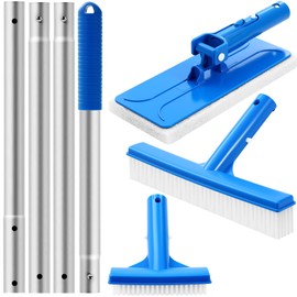 Tioncy 4 Pcs Pool Cleaning Kit Includes 11.8" Pool Brush Head with 47" Aluminum Pole, Hand Scrub Brush and Scrubbing Scouring Sponge Pads for Spa Bathroom Hot Tub Kitchen Walls Tiles Floors Cleaning