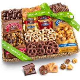 A Gift Inside Thank You Chocolate Caramel and Crunch Grand Gift Basket with Snacks, Pretzels, Ghirardelli and Chocolate-covered Nuts