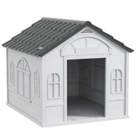 PawHut Plastic Dog House, Water Resistant Puppy Shelter Indoor Outdoor with Door, Easy to Assemble, for Medium and Small Dogs, Gray
