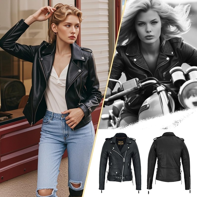 GARGOYLE BELLS Womens Motorcycle Jacket Classic Cowhide Leather Jacket with