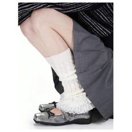 RoseSeek Women's 1 Pair Y2K Bow Front Lace Trim Leg Warmers Ribbed Knit Over Knee Pile Leg Warmers Long Socks Ivory white One-Size