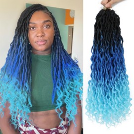 Ombre Crochet Hair Faux Locs 18 Inch 6 Packs Goddess Locs Crochet Hair for Black Women Pre Looped Crochet Locs with Curly ends(18 Inch,6 Packs,1B/Sapphire/Blue)