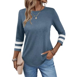 EADINVE Women Crewneck 3/4 Sleeve Tops Fall Casual Color Block Curved Hem Shirts Loose Fit 2025 Navy